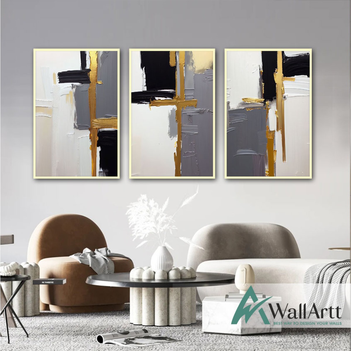 Black Grey with Gold 3 Piece 3d Heavy Textured Partial Oil Painting